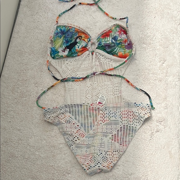 One Piece White Swim Suit with Floral Peek through design - Picture 3 of 4